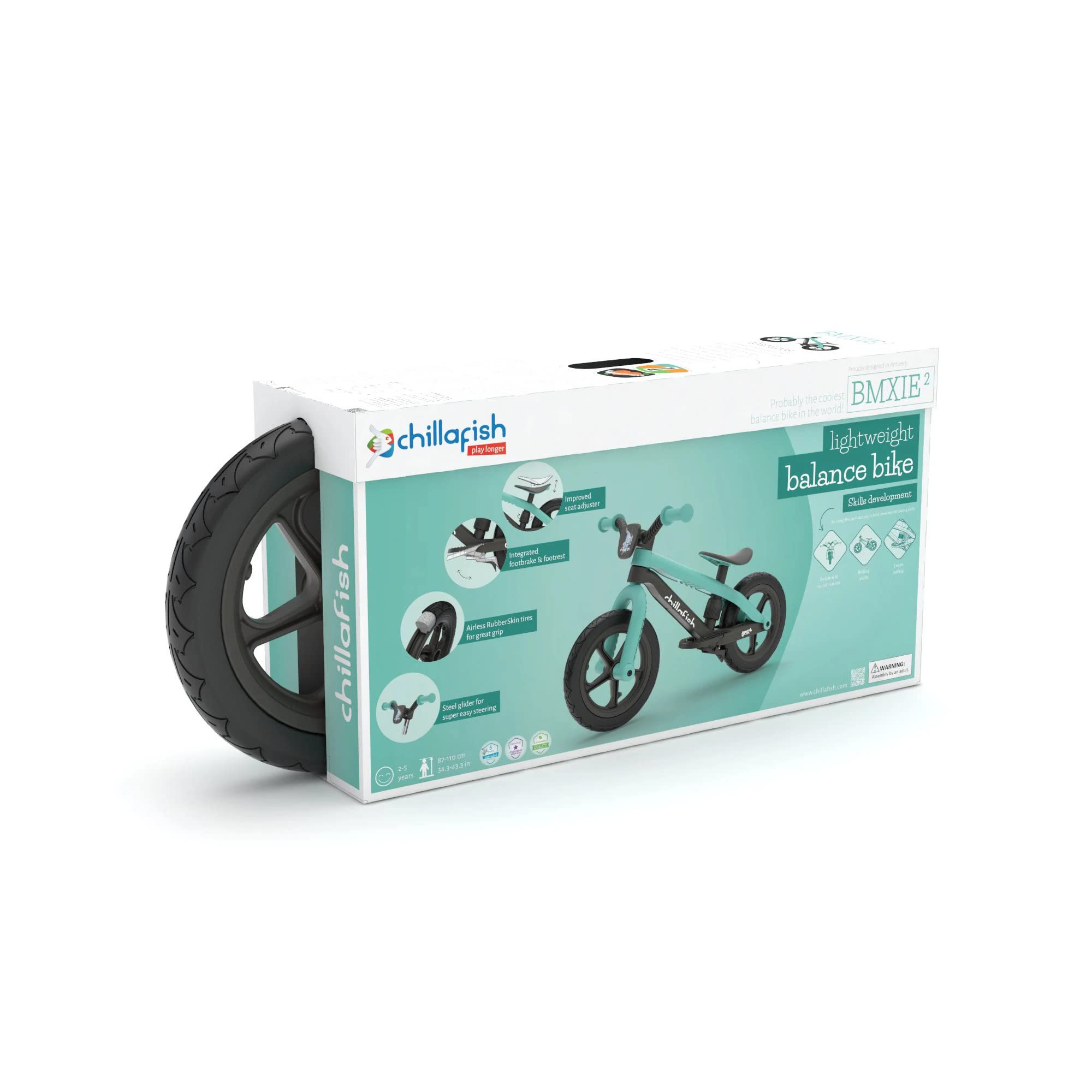 Chillafish Bmxie² Lightweight Balance Bike with Integrated Footrest and Footbrake for Kids Ages 2 to 5 Years, 12-inch Airless Rubberskin Tires, Adjustable Seat Without Tools, Lime