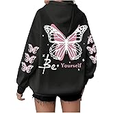 BEAUDRM Women's Plus Size Butterfly Graphic Hoodie Y2k Drawstring Long Sleeve Baggy Hooded Sweatshirt Fall Clothes