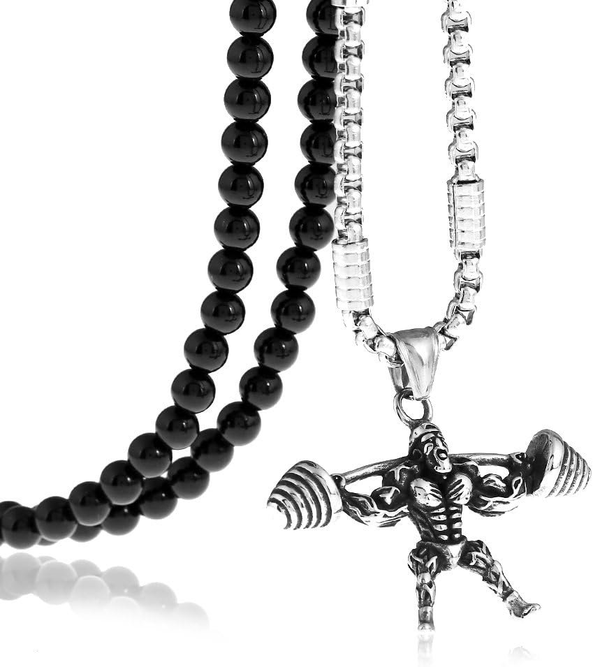 BLEUM CADEWeightlifting Workout Fitness Barbell Pendant Necklace with Agate Chain 27inchs