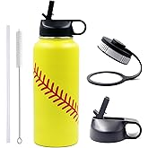 32 oz Softball Water Bottle, Wide Mouth Sports Flask Metal Travel Tumbler with 2 Lids, Stainless Steel Double Wall Vacuum Insulated Leak Proof Water Bottles, Softball Stuff Gifts for Mom Boys Girls