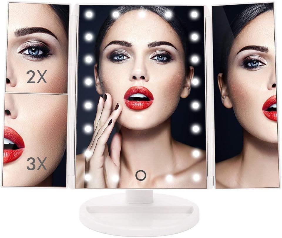 TheShineBright Trifold Illuminated Vanity Makeup Mirror with 21 LED, Touch Screen, 180° Adjustable Stand, 1x/2x/3x Magnification, Batteries and USB Charging