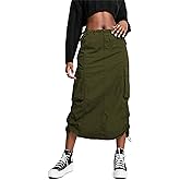 BLUEMING Women Y2k Cargo Long Skirt Low Waist Drawstring Maxi Skirt Ruched Vintage Slit Cargo Skirt with Pockets