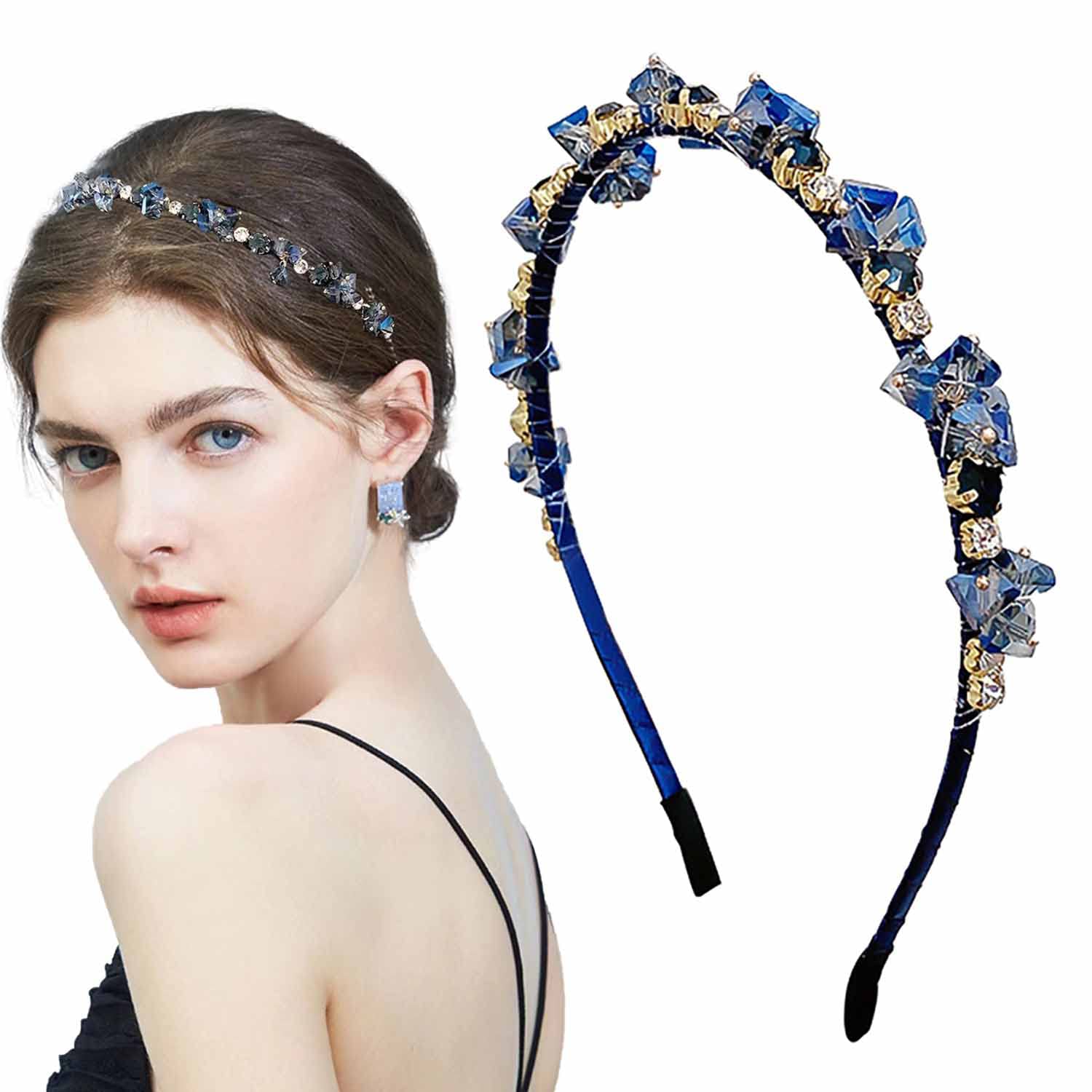 Auswalar Blue Rhinestone Headband Bling Crystal Head Bands for Women Girls Vintage Parties Hair Accessory