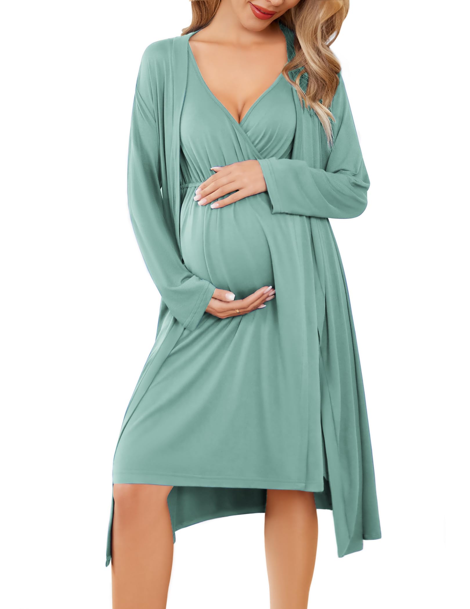 Ekouaer Nursing Robes Maternity Robe and Nightgown Set Breastfeeding Pregnancy Nightgowns for Hospital Postpartum Gown Celadon Green L Image