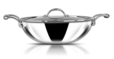 Stahl Triply Stainless Steel Artisan Kadhai with Lid, 4324, 24cm, 1-Piece, Silver