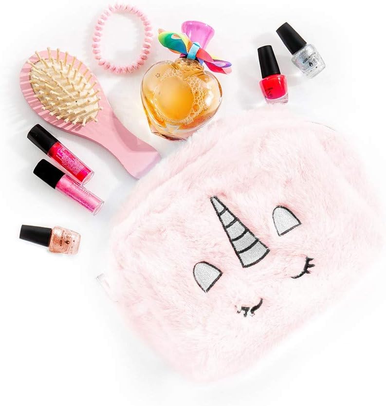 HUGMO Fuzzy Embroidery Unicorn Travel Makeup Pouch, Large Capacity Toiletry Bag Fits Essentials for Women and Girls (Pink) - Image 4