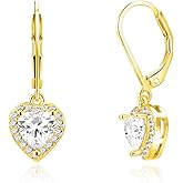 Dangle Earrings 18K Yellow Gold Plated Princess Halo Heart Cut Clear Cubic Zirconia Drop Earrings for Women Hypoallergenic