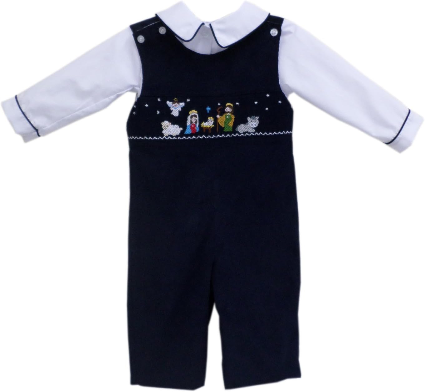 Carouselwear Baby Boy Smocked Nativity of Jesus Christmas Longall Navy Corduroy