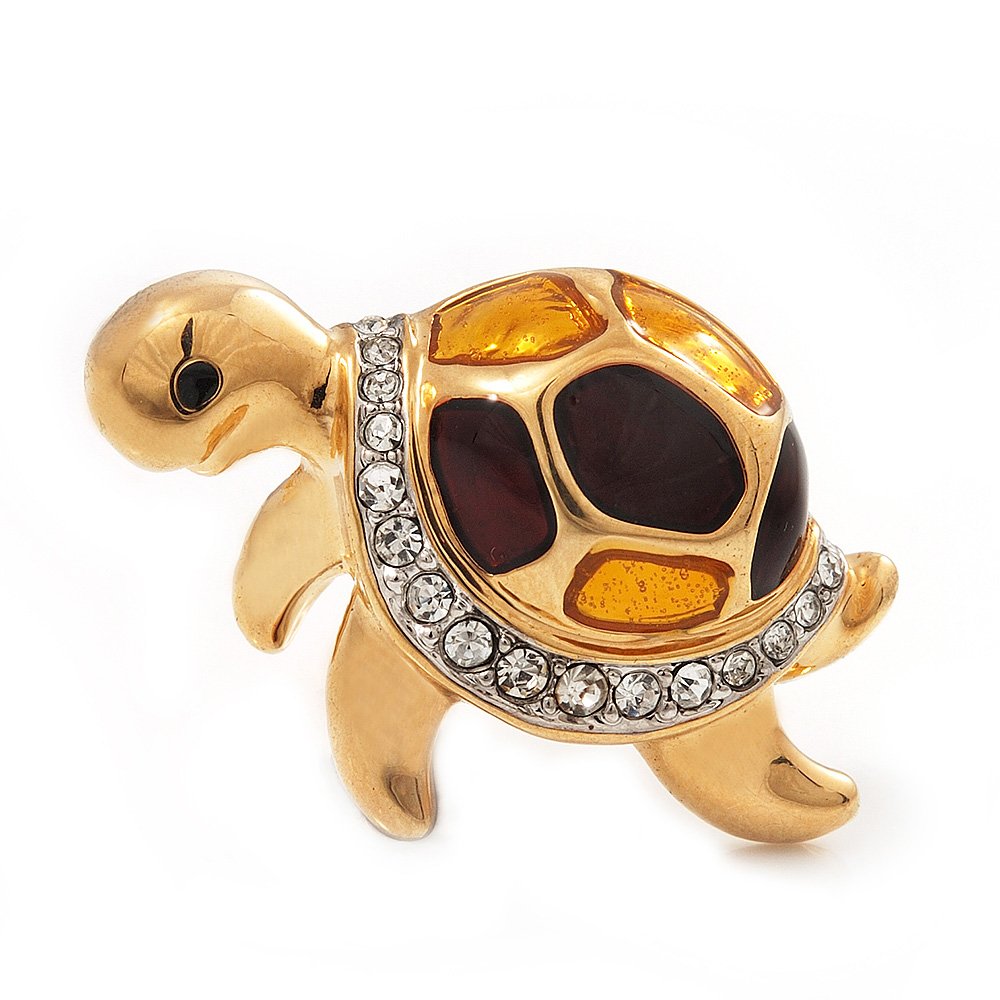 Small Crystal Enamel 'Turtle' Brooch In Gold Plated Metal