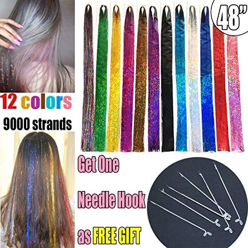 AllBeauty 48” Hair Tinsel 12 Colors 9000 Strands Sparkling Shiny Hair Flairs Extensions Party Highlights Glitter Extensions Multi-Colors Hair Streak Synthetic Hairpieces (12 Colors/Pack)