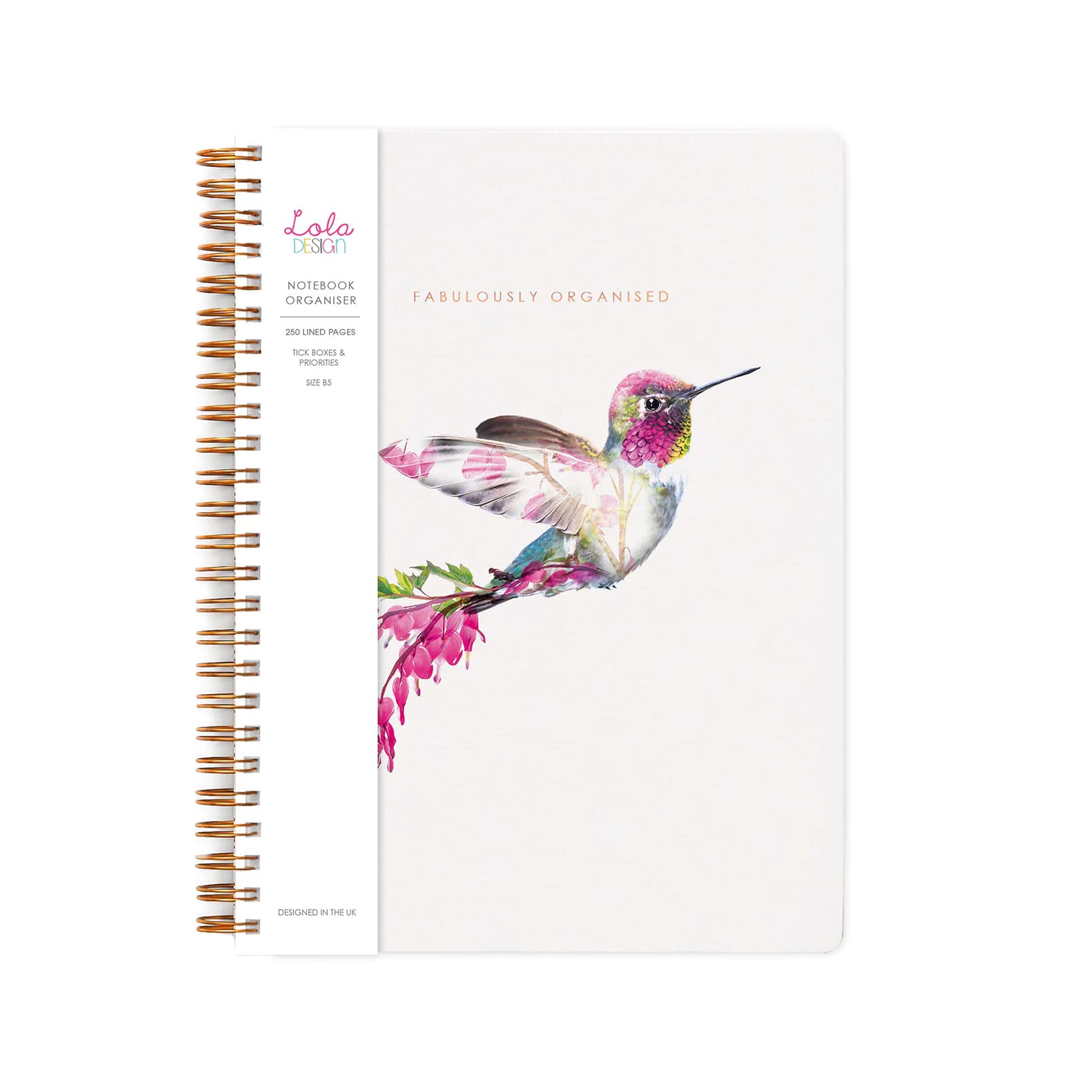 Lola Design - Large Spiral Notebook Organiser, Botanical Hummingbird Design - Planners & Journals - Wiro Bound Notebook with To-Do Lists & Priorities Section - 176x250mm, 250 Lined Pages — image 1