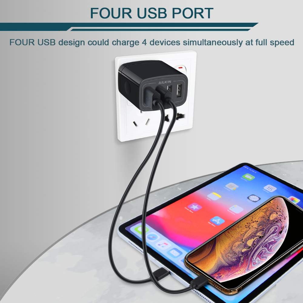 Wall Charger, USB Charger Adapter, Ailkin 4.8A 4Multi Port Fast Charging Station Power Base Block Plug Cube Brick for Phone 11Pro Max/XR/XS MAX/8/7 Plus, Samsung A10e/Note 10+/S10 Kindle Fire USB Plug: Home Audio & Theater