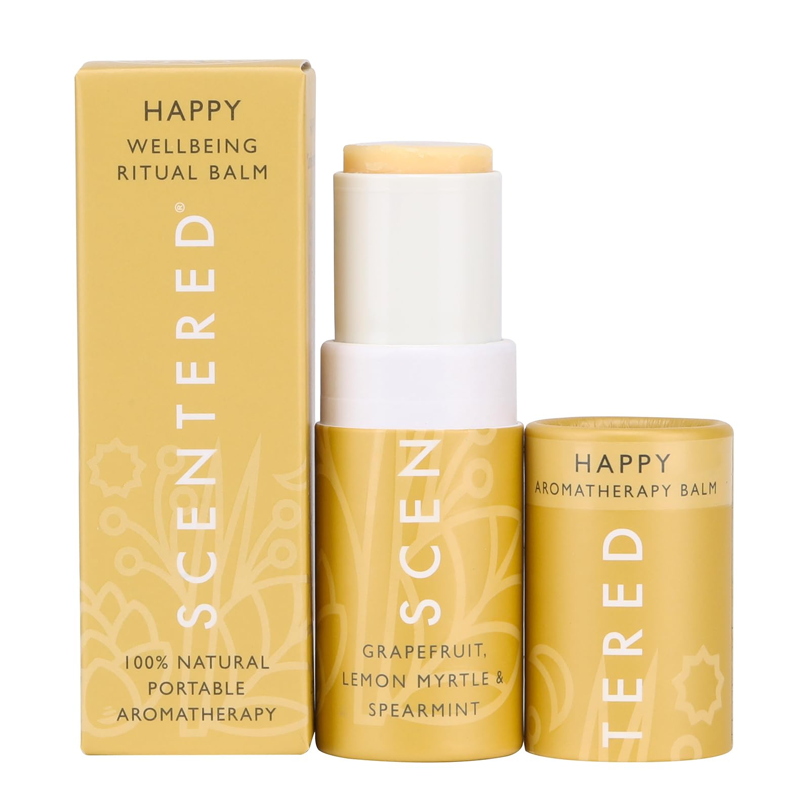 Scentered Aromatherapy Balm Stick - Happy - Mood Boost Roll On Essential Oils Blend for Positive Thinking - 100% Natural: Grapefruit, Cedarwood, Lemon Myrtle Essential Oil - Positive Gifts for Women