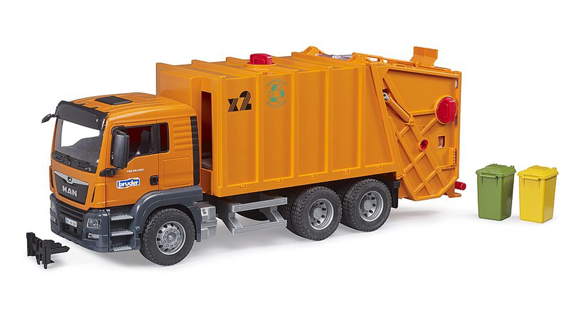 Bruder 03760 MAN TGS Rubbish Truck with 2 Wheelie Bins – 1:16 Garbage Truck Toy for Kids Ages 3+