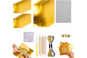 15 Pcs Gold Foil Paper Art Kit, Decorative Metal Sheet Embossing Tools for Painting Gilding Crafting Decoration,with 2 Rolls 