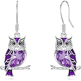 Reaii Natural Amethyst Owl Earrings for Women 925 Sterling Silver Owl Drop Dangle Earrings Genuine Amethyst Jewelry Gifts