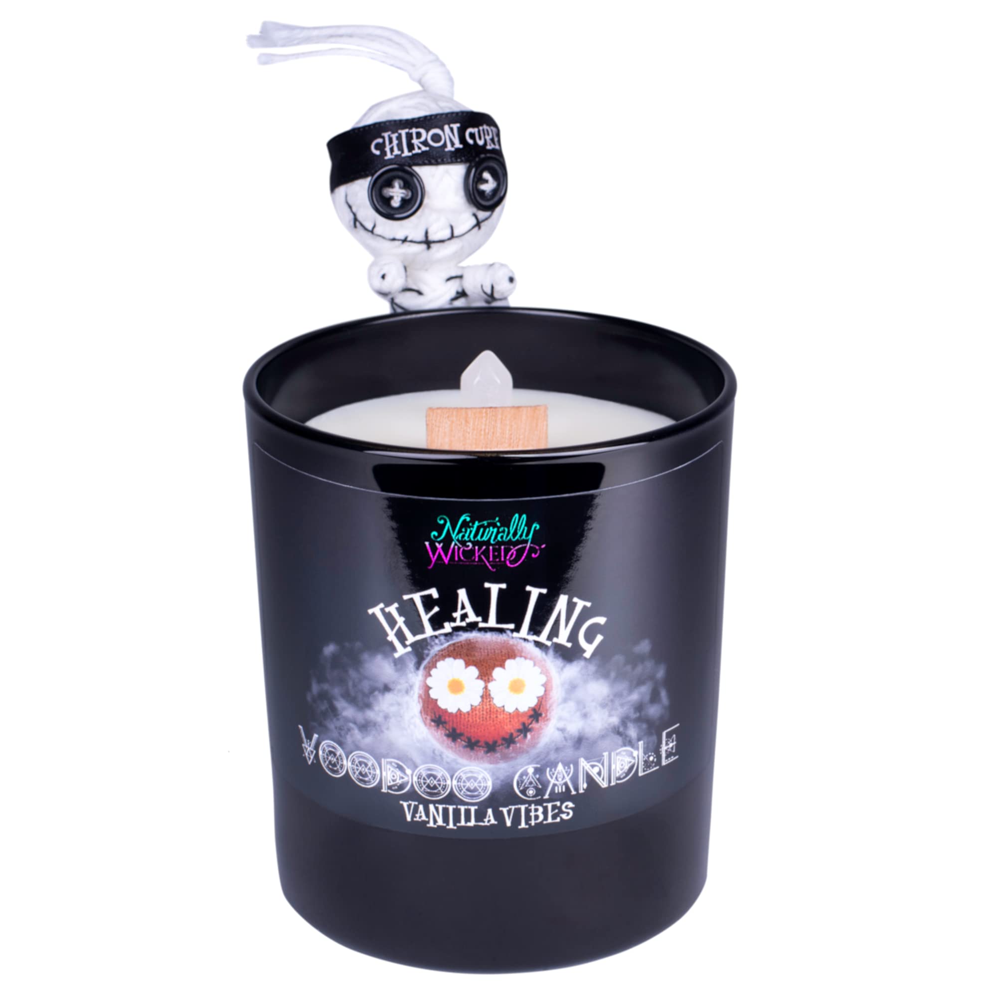Naturally Wicked Voodoo Healing Candle Set - Inc. Voodoo Doll, Crystal, Wood Wick, Vanilla Vibes Scent & Gift Box
