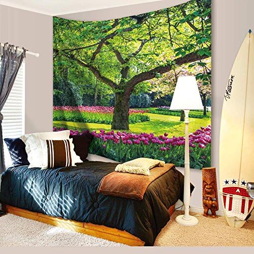 Pink Flowers Love Wall Tapestry by IMEI, Mystic Fairy Tree Wall Art for Bedding Room, Sofa Cover, College Dorm (Floral Flowers with Green Tree, 80 X 60 Inch)