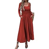 Mieazom Women’s Long Sleeve Square Neck Maxi Dress Adjustable Waist Tie Casual Flowy A-Line Pleated Dresses with Pockets