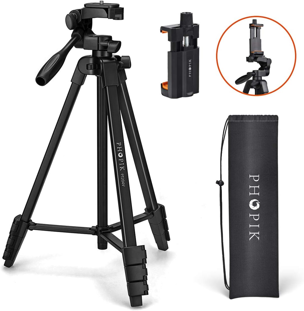 PHOPIK Lightweight Phone Tripod 55-Inch, Video Tripod with 360 Panorama and 1/4” Mounting Screw for Mirrorless/Gopro/DSLR Camera, Phone Holder for Smartphone, Max Load 6.6 Lbs, Carry Bag Inclued. : Camera & Photo