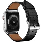 OUHENG Leather Bands Compatible with Apple Watch Band 41mm 42mm 40mm 38mm, Genuine Leather Strap Compatible with Apple Watch Series 11/9/10/8/7/SE/SE2/6/5/4/3/2/1 & SE3 SE2 SE Men Black Silver