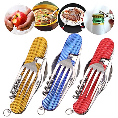 ULKEME 3 in 1 Folding Stainless Steel Spoon Fork Knife Tableware Multi Tool for Camping Blue - Thumbnail 3