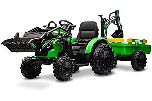 Hetoy 24V 3 in 1 Kids Ride on Tractor, Excavator & Bulldozer, Electric Vehicle w/Trailer, Shovel Bucket, Digger, Remote Control, EVA Tires, LED Lights, Music, USB & Bluetooth, Ride on Car Toy, Green