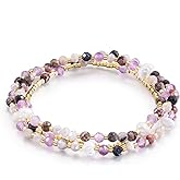 POMODA Beaded Bracelets Stack for Women Small Beaded Stretch Stone Bracelets Stackable Gemstone Crystal Dainty Boho 14K Gold Plated Beads Anklets Necklace Summer Jewelry for Women