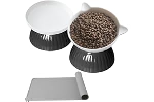 DDMOMMY 2 Pcs Ceramic Elevated Cat Bowls with Non Slip Mat, Tilted Elevated Raised Cat Food and Water Bowl Set Anti Vomit Cat Bowls for Indoor Cats Whisker Stress-Free Water Dish Feeder for Cats Small Dogs