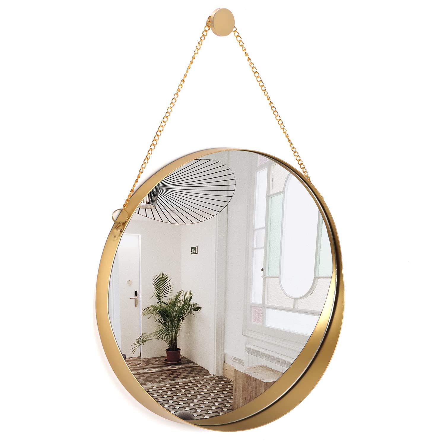 Photo 1 of SNDEC 12'' Decorative Round Small Wall Mirror, Hook Offered Vintage Gold Wall Decor for Living Room, Wall Mounted Hanging Circle Mirror for Bathroom, Entryway Elegant Décor Mirror with Chain