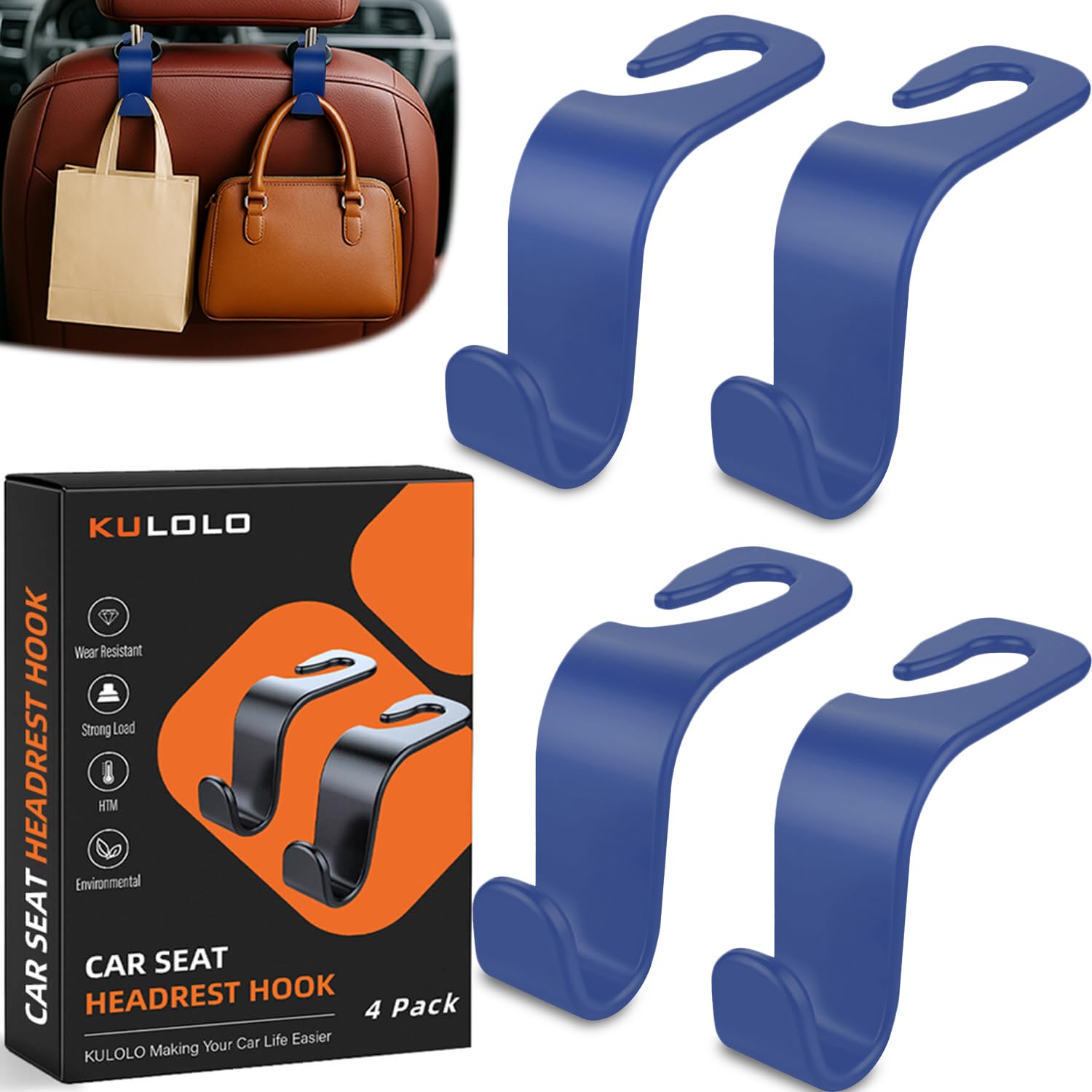 Photo 1 of KULOLO Car Seat Hooks & Purse Holder - 4 Pack Boxed,55 lb Heavy Duty,Eco PP Car Hooks for Purse/Bag/Baby Gear/Gym Bag/Groceries/Cup/,Fits 0.32-0.55”Car Headrest Rods (Dark Blue)