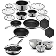 HexClad Hybrid Nonstick 19-Piece Cookware Set, 2, 3, and 8Qt Pots with Lids, 2 Silicone Trivets, 8", 10", and 12" Pans with Lids, 3-Piece Mixing Bowl Set, and 14" Wok with Lid, Stay-Cool Handles