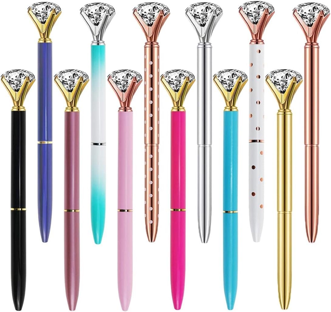 LATERN 12Pcs Crystal Diamond Pens, 14CM Colorful Metal Ballpoint Pen Retractable 1.0mm Black Ink Gel Pen for School Stationery Office Wedding Bridal Shower Supplies (12 Colors)