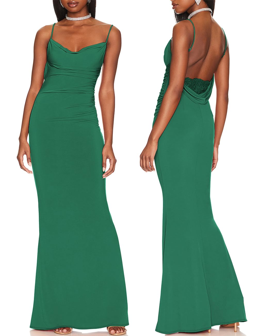 Photo 1 of Capuffy Women Drape Neck Formal Maxi Dresses Lace Backless Cocktail Party Dress Spaghetti Straps Mermaid Evening Gown 221(Green,L)