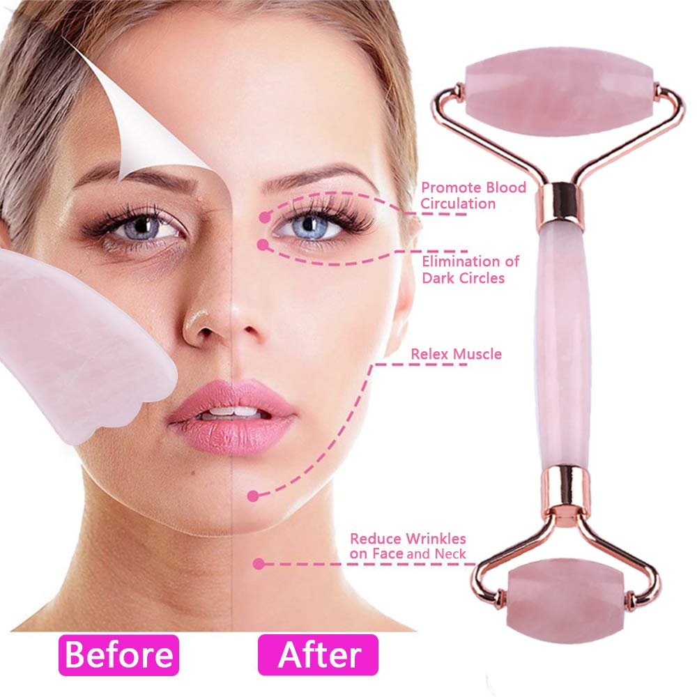 Jade Roller, Rose Quartz Roller and Gua Sha Tool, 100% Natural Jade Facial Roller Anti Aging Face Roller Massager