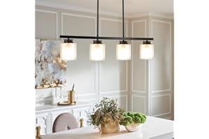 Depuley Ceiling Pendant Light, Vintage 4-Light Matte Black Metal Hanging Fixture with Double Glass Shades, Semi Flush Mount I