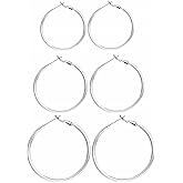 3 Pairs Sterling Silver Hoop Earrings, 14K White Gold Plated Big Hoop Earrings Set for Women 40 50 60MM