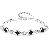 Unurgoonit Sterling Silver Black Clover Bracelet with Cubic Zirconia, Adjustable Four-Leaf Flower Link Jewelry for Women