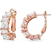 Sterling Silver Cubic Zirconia Square Rectangle Clutchless Small J-Hoop Earrings