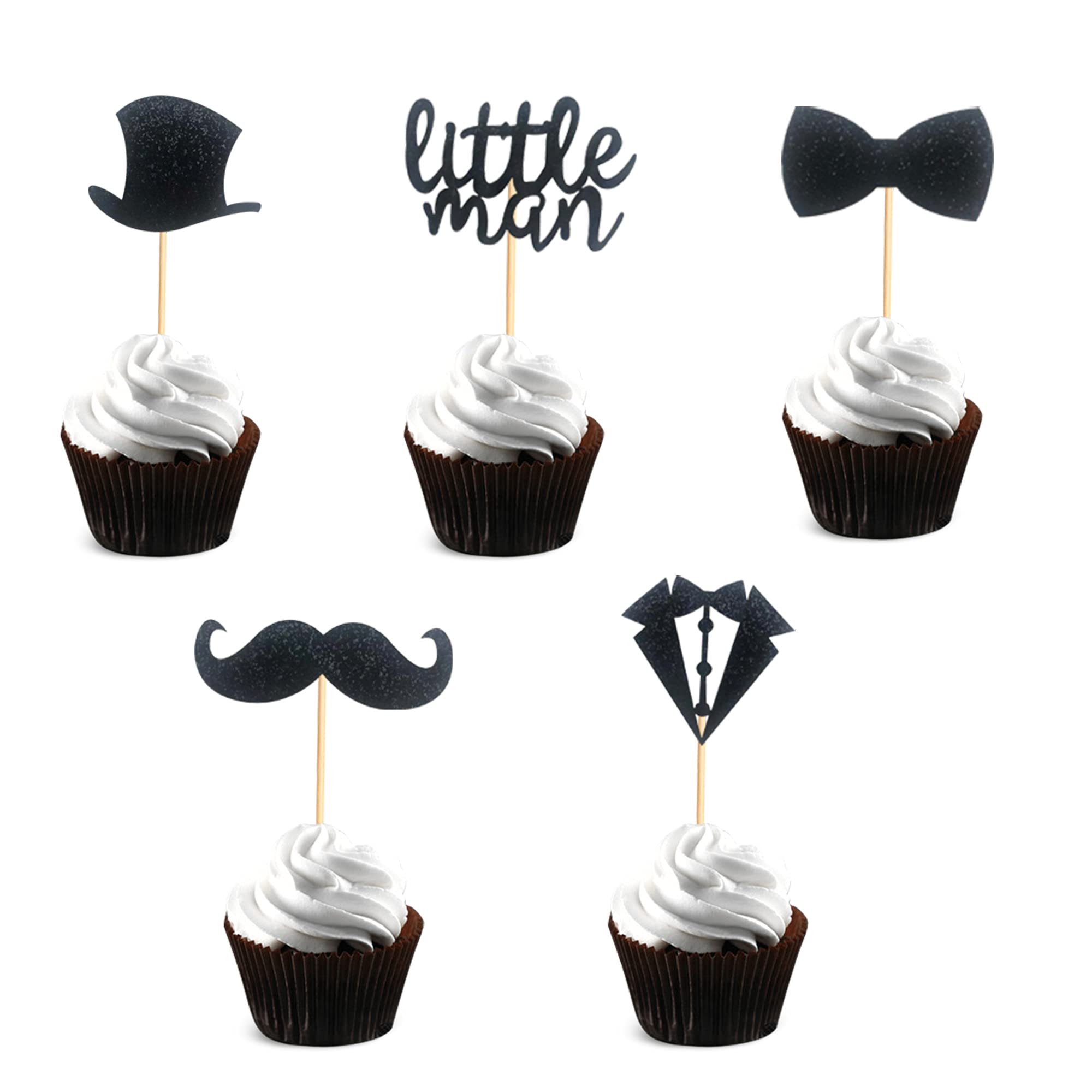 Photo 1 of Arthsdite Pack of 40 Pre-Assembled Black Glitter Little Man Mini Beard Bowtie Hat Suit Cupcake Toppers for Boy Birthday Party Decorations