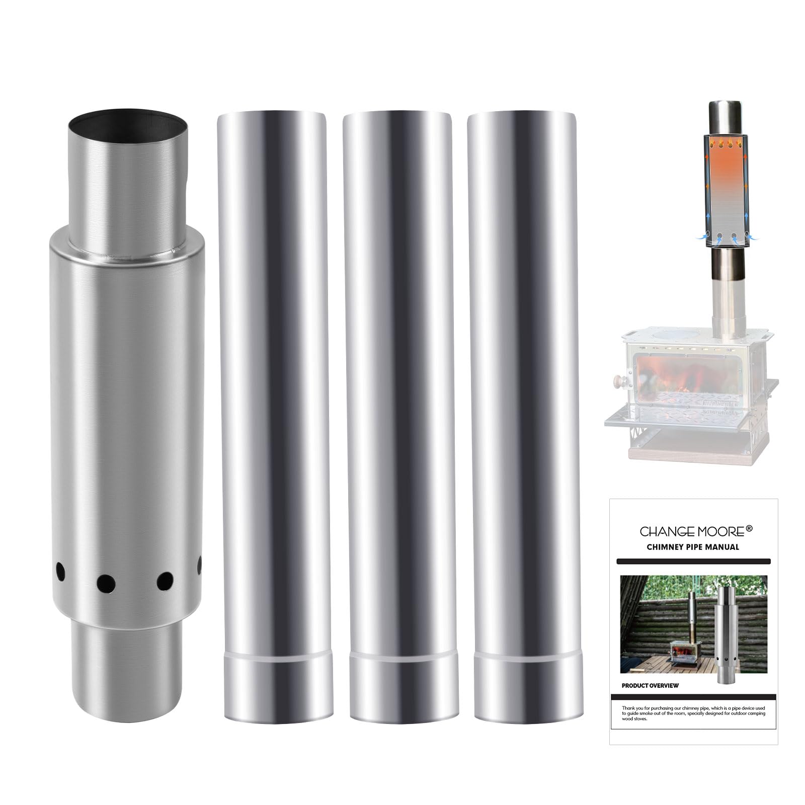 Photo 1 of CHANGE MOORE 2.36in Secondary Burning Tent Stove Chimney Pipe with 3pcs Extension Chimney Set, 0.9mm Smokeless Thickened Stainless Steel Stove Pipe for Hot Tent Stove, Camping Stove Chimney Pipe Sets