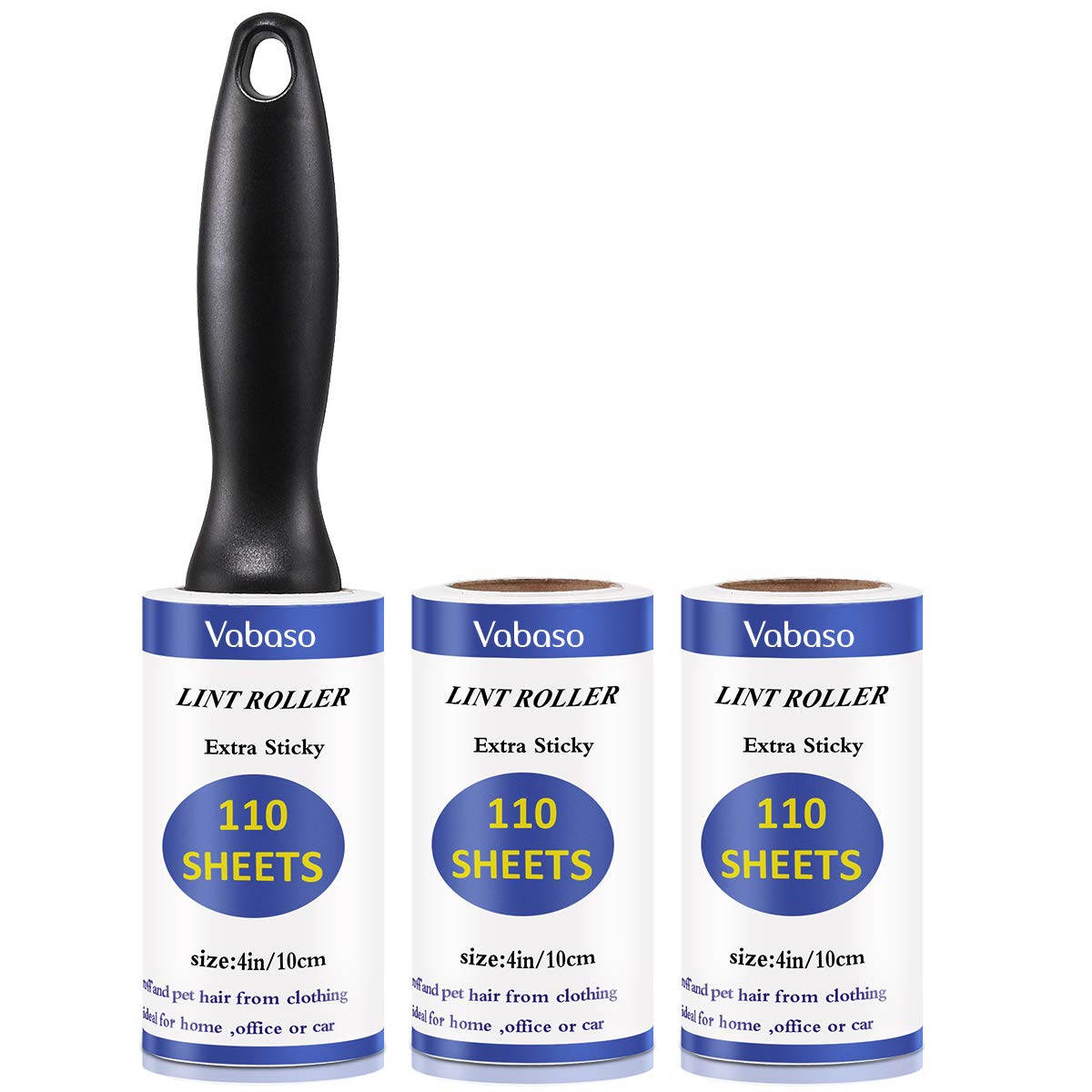 Vabaso 330 Sheets Extra Sticky Lint Roller with 2 Replacement Rollers for Clothes, Sofa, Bed and Carpet, Lint Roller for Pet Hair, Cat Hair, Dog Hair, Dust & Lint, Approx. 46.2 m, 110 Sheets/Rolls