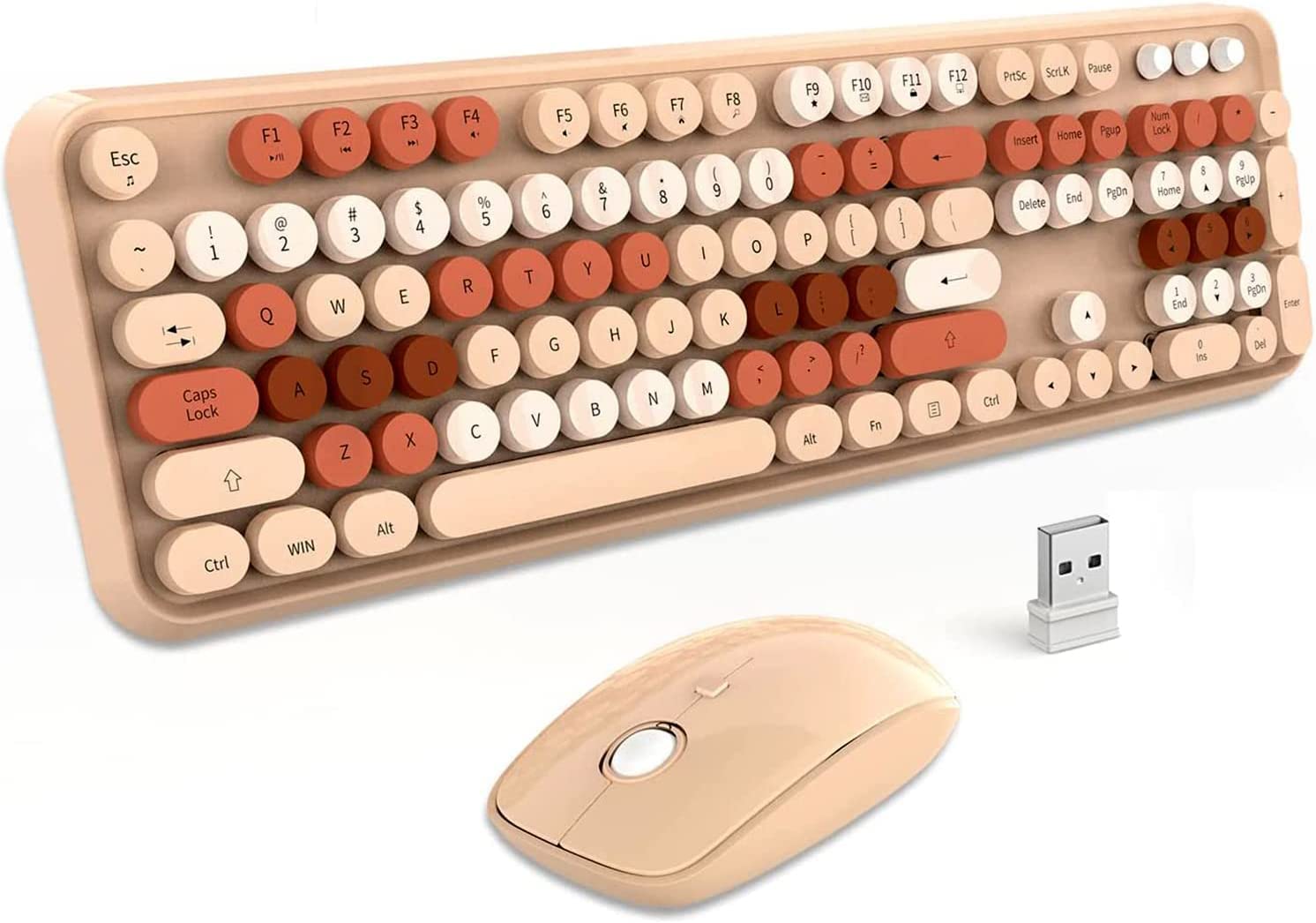 Wireless Keyboard Mouse Combo, 2.4GHz Retro Typewriter Keyboard with 104 Cute Colorful Round Keys, Letton Full Size Wireless Keyboard Mouse with 3 DPI for Computer PC Laptop-Brown