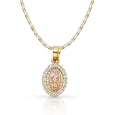 14K Yellow Gold Our Lady of Guadalupe Cubic Zirconia CZ Charm Pendant with 1.5mm Valentino Chain Necklace