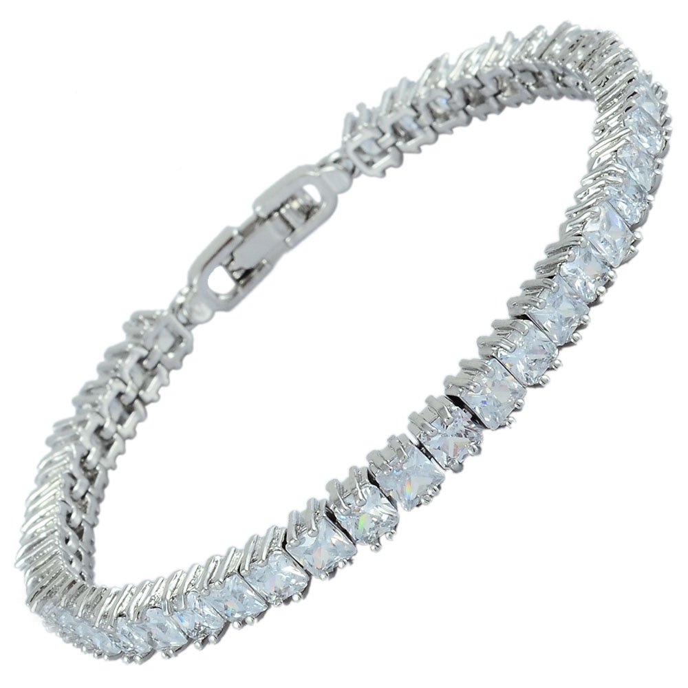 RIZILIA Ice Cubes Tennis Bracelet [18cm/7inch] with Princess Cut Gemstones CZ [White Topaz] in 18K White Gold Plated, Simple Modern Elegance