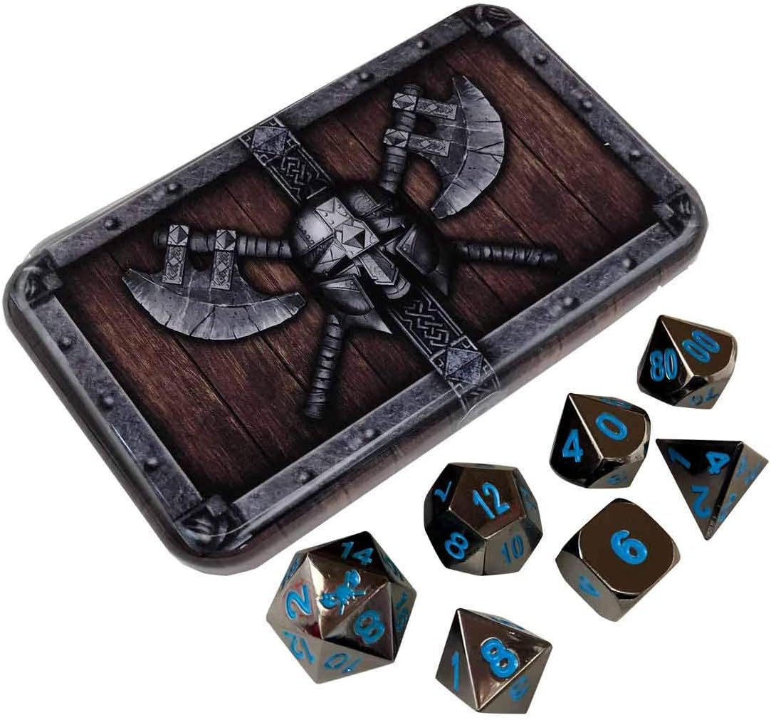 Skull Splitter Dice Icy Doom Metal Dice - Shiny Black Nickel with Blue Numbers | Solid Metal Polyhedral Role Playing Game (RPG) Dice Set (7 Die in Pack) with Awesome Dwarven Chest Dice Case
