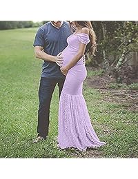 Vestido de dama sin hombros con mangas de volantes, encaje de sirena, vestido de maternidad ajustado, maxi vestido de dama de honor para fotografía