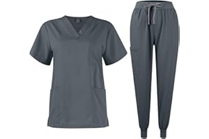 NAKHOPAZ Scrubs for Women Set 2024 Fall Medical Uniform Stretch V-Neck Scrub Top & Jogger Pant with Pockets