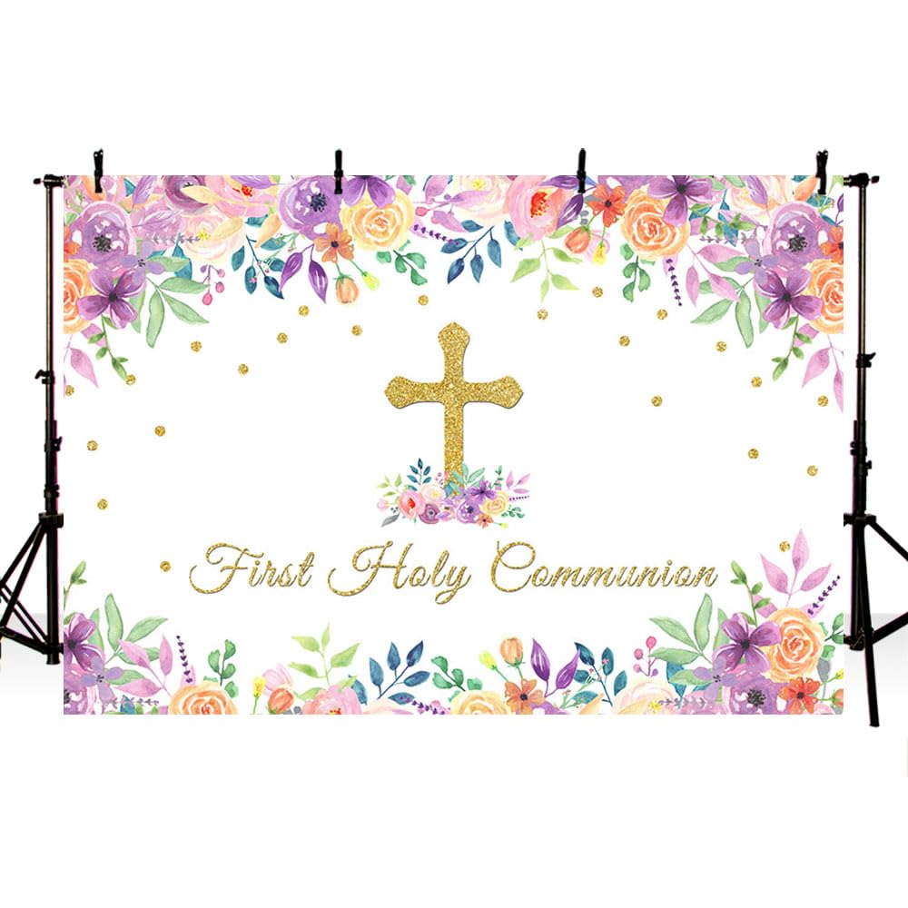 MEHOFOND 7x5ft First Holy Communion Party Backdrop Girl Baptism Christening Pink and Purple Floral Gold Glitter Cross God Bless Photography Background Photo Banner