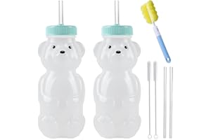 MOOTIKAR Honey Bear Straw Cups, Juice Bear Bottle Drinking Cup Long Straws with 4 Flexible Straws & Cleaning Tools, 8-Ounce Therapy Sippy Bottles for Speech and Feeding Training, Food-Grade & BPA Free 2 Pack